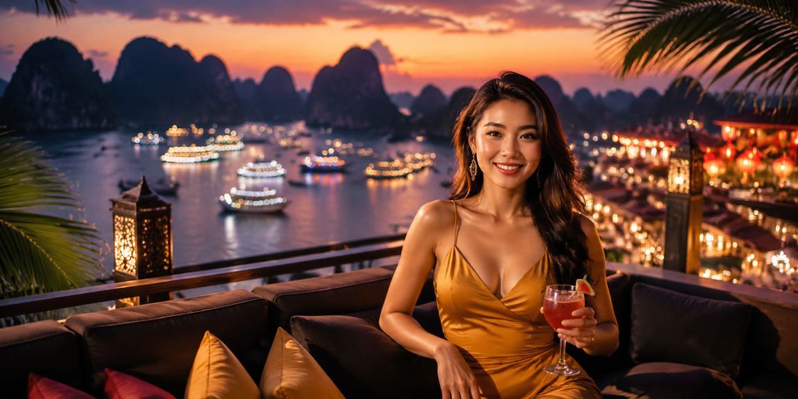 Cảnh chợ đêm Hạ Long Bay với người dùng theo dõi kết quả cá cược và kiểm tra tiền thưởng