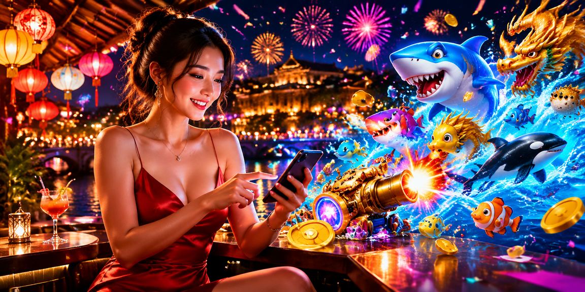 Người chơi bắn cá tại chợ đêm Huế trên thiết bị di động với giao diện game sôi động